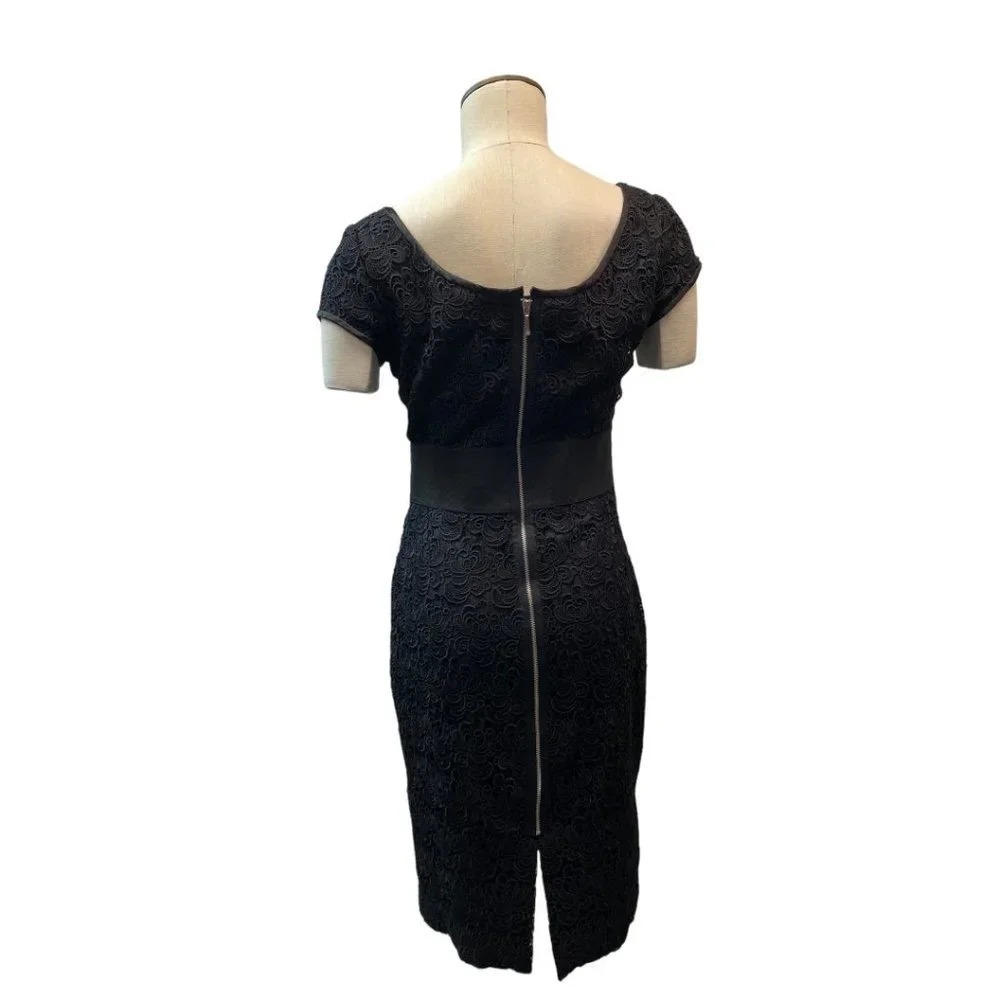 Black Lace Sheath‎ Dress Cap Sleeve Zipper Back Knee Length Cocktail - Picture 3 of 3